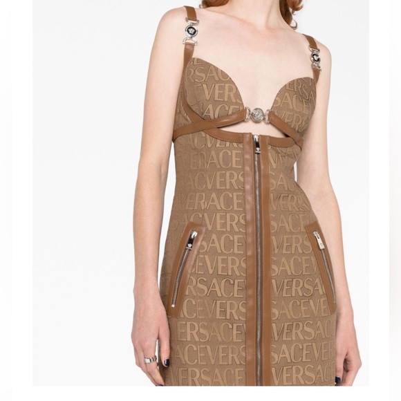Versace Logo Print Cut Out Monogram Mini Dress Leather Trims IT 42 US 6 $3050 - Picture 7 of 17